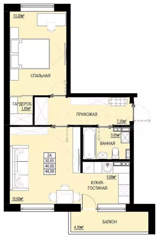 1-к. квартира, 48,1 м, 7/9 эт. - Фото 0