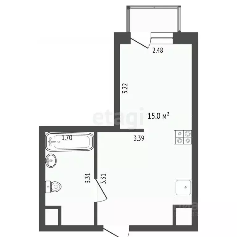 Студия Тюменская область, Тюмень ул. Геннадия Райкова, 19 (23.9 м) - Фото 2