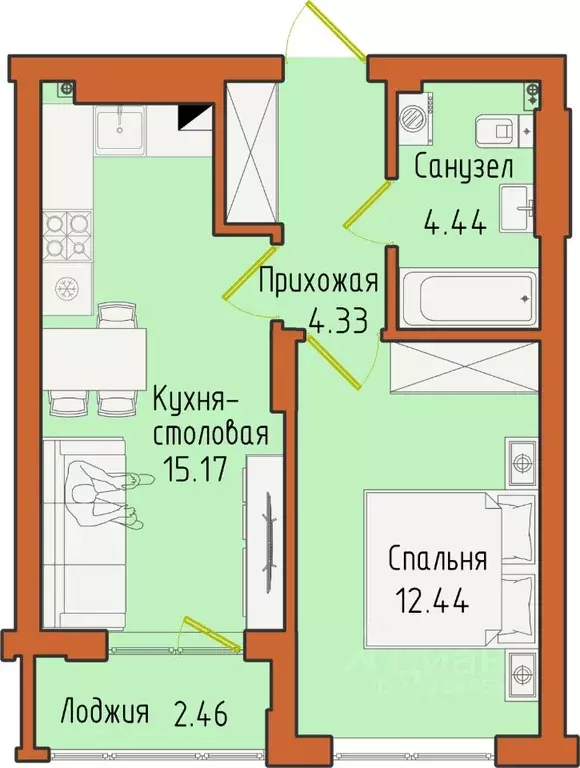 1-к кв. Калининградская область, Светлогорск пос. Отрадное,  (38.84 м) - Фото 0