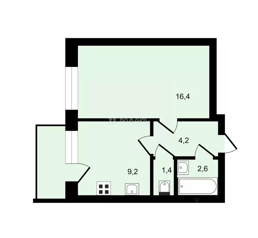 Квартира, 1 комната, 33.79 м - Фото 1