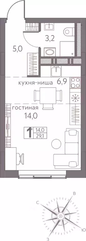 Студия Пермский край, Пермь ул. Серебристая, 3А (29.1 м) - Фото 1