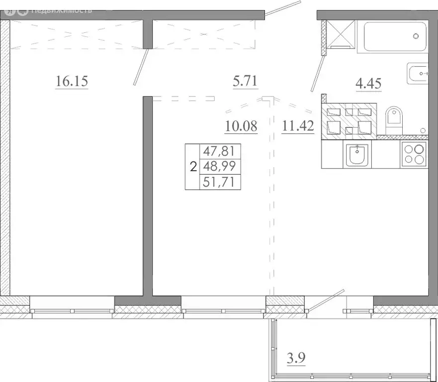 2-комнатная квартира: Иркутск, улица Баумана, 271/2 (51.71 м) - Фото 1