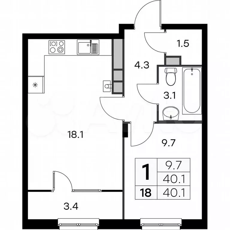 1-к. квартира, 40,1 м, 2/4 эт. - Фото 0