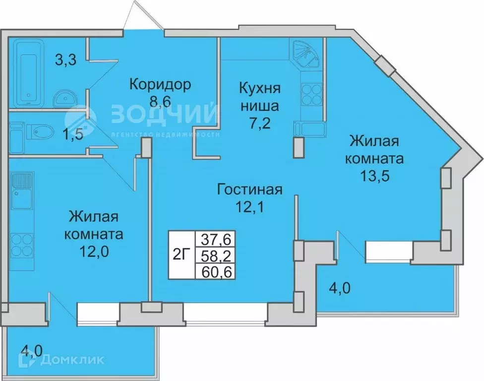 Продаётся 2-к квартира, 60.6 м - Фото 0