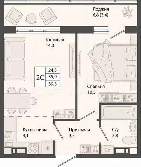 2-к. квартира, 39,3м, 5/10эт. - Фото 0