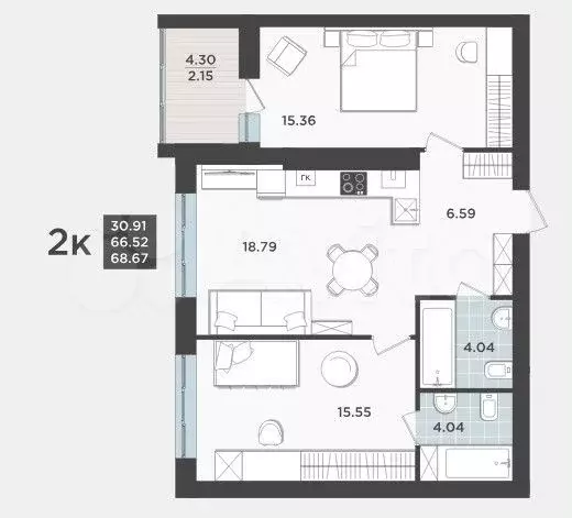 2-к. квартира, 68,7 м, 5/9 эт. - Фото 1