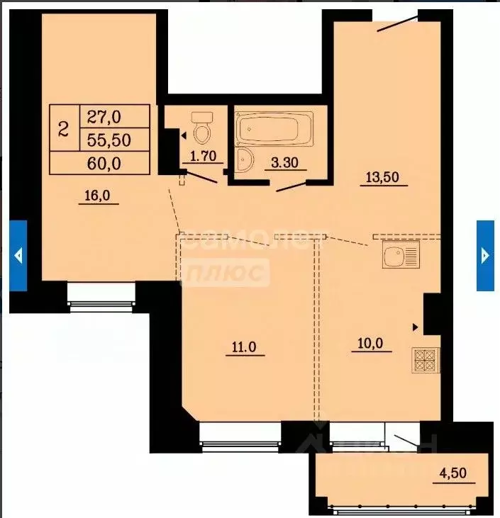 2-к кв. Омская область, Омск ул. Малиновского, 16к1 (60.0 м) - Фото 1