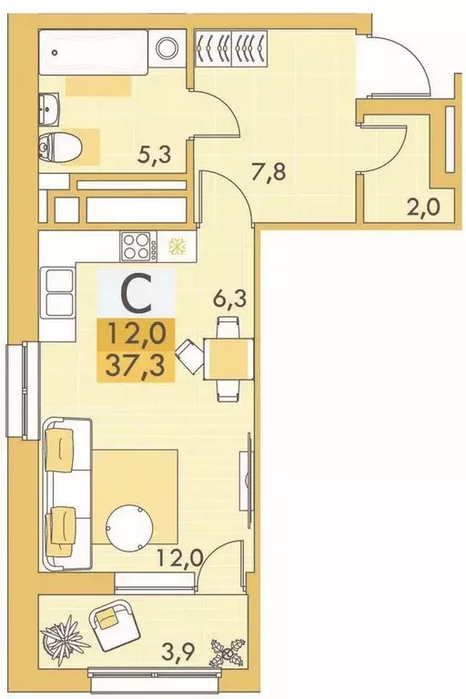 квартира-студия, 36.3 м - Фото 1