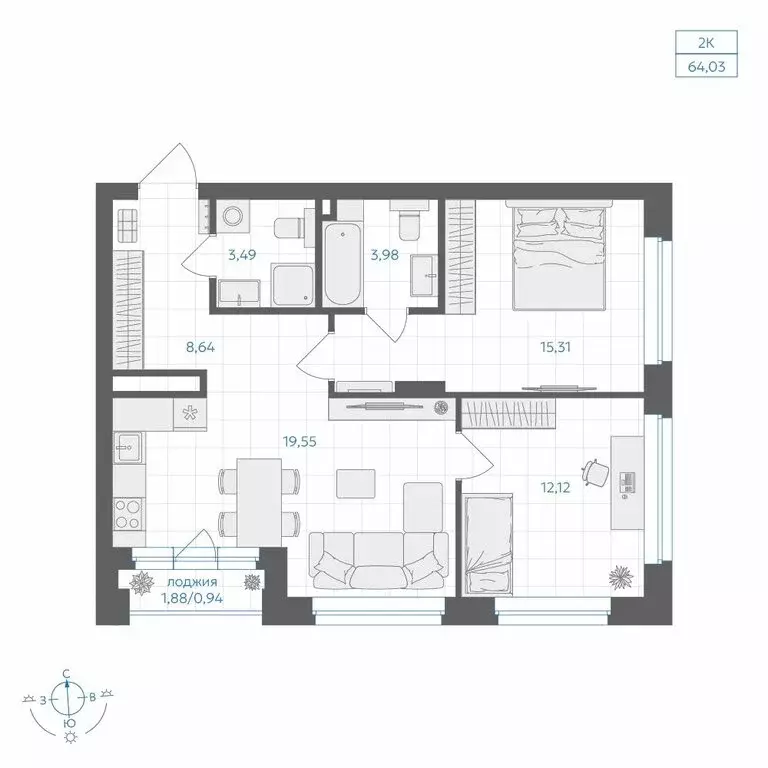 2-комнатная квартира: Челябинск, Каслинская улица, 62к1 (64.03 м) - Фото 1