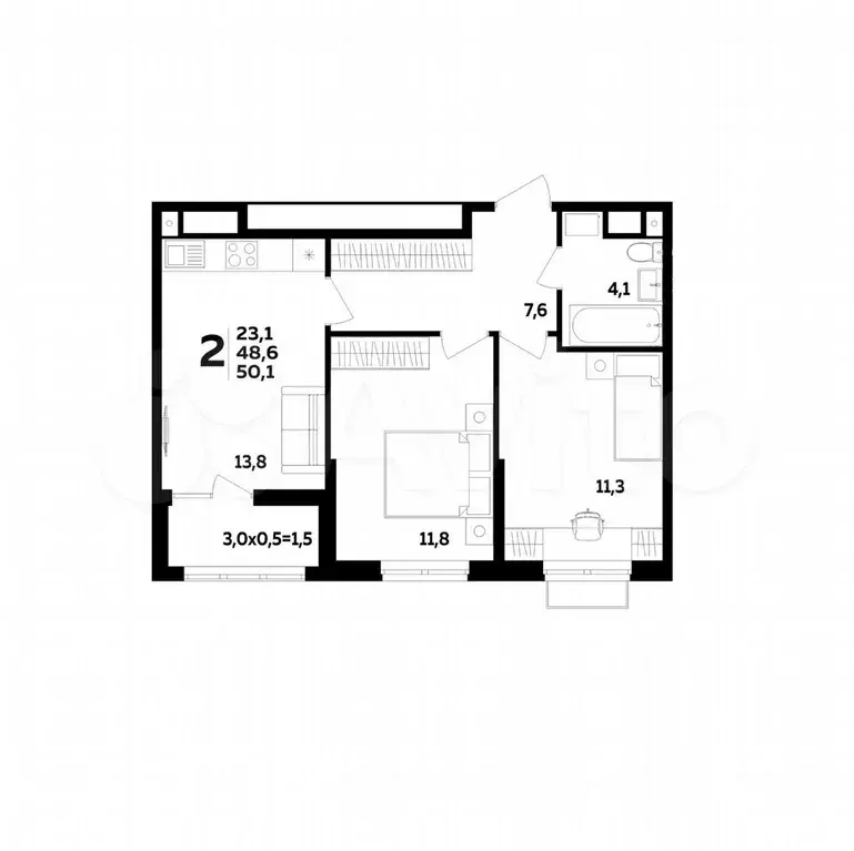 2-к. квартира, 50,1 м, 13/16 эт. - Фото 1