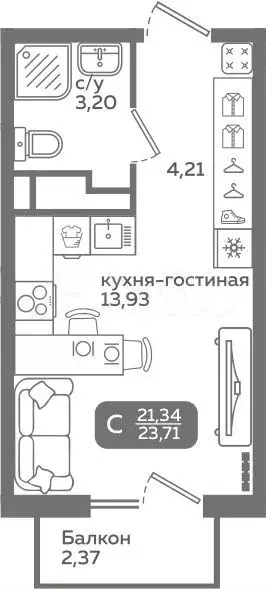 Квартира-студия, 21,3 м, 5/21 эт. - Фото 0