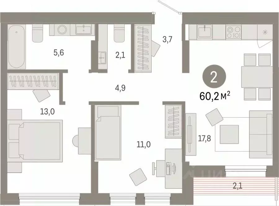 2-к кв. Тюменская область, Тюмень ул. Республики, 203к1 (60.21 м) - Фото 0