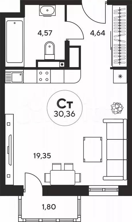Квартира-студия, 30,4 м, 5/25 эт. - Фото 1