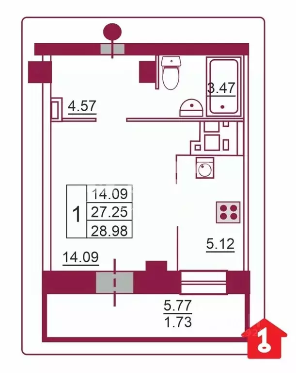 1-к кв. Омская область, Омск ул. Перелета, 27с2 (27.25 м) - Фото 1
