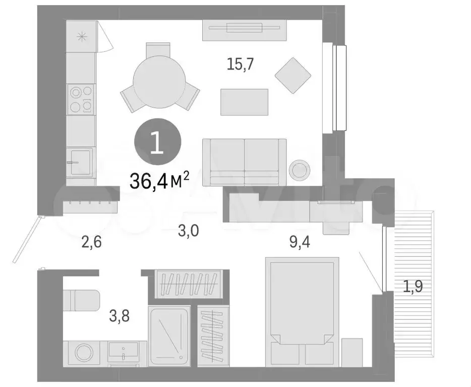 1-к. квартира, 36,4 м, 3/9 эт. - Фото 0
