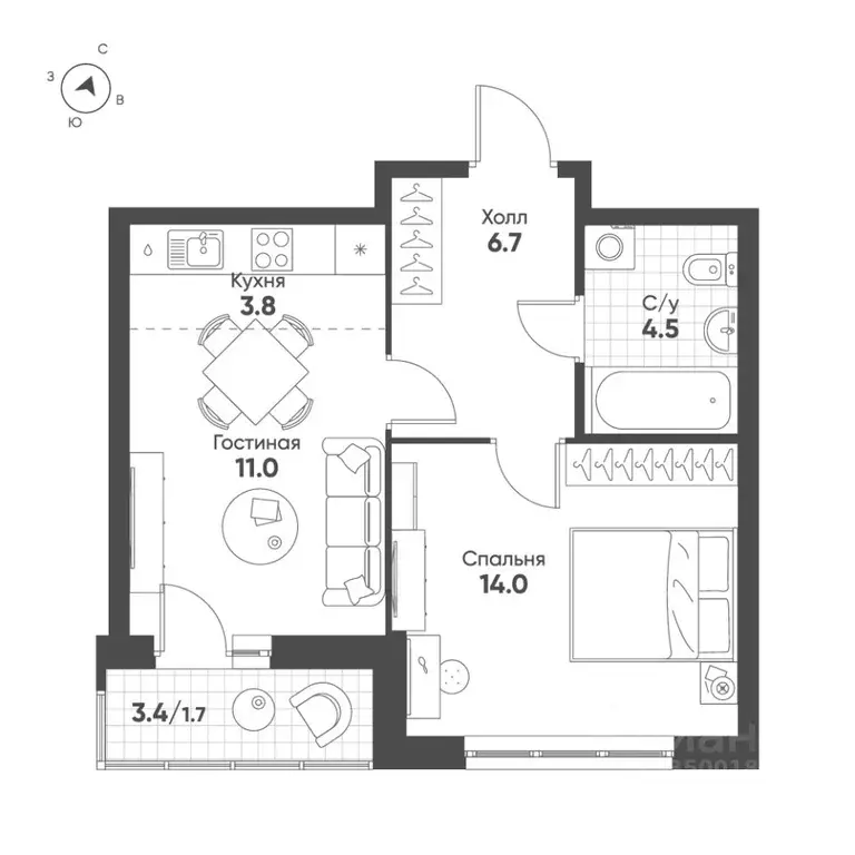 1-к кв. Свердловская область, Екатеринбург Солнечный жилрайон,  (41.7 ... - Фото 0