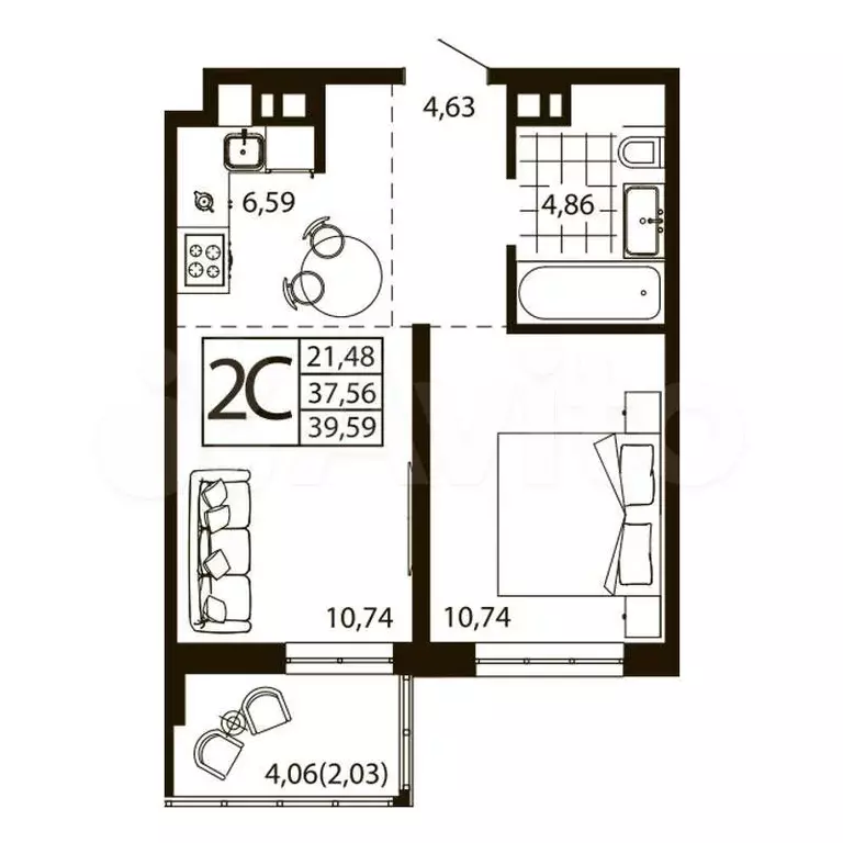 2-к. квартира, 39,5 м, 13/24 эт. - Фото 0