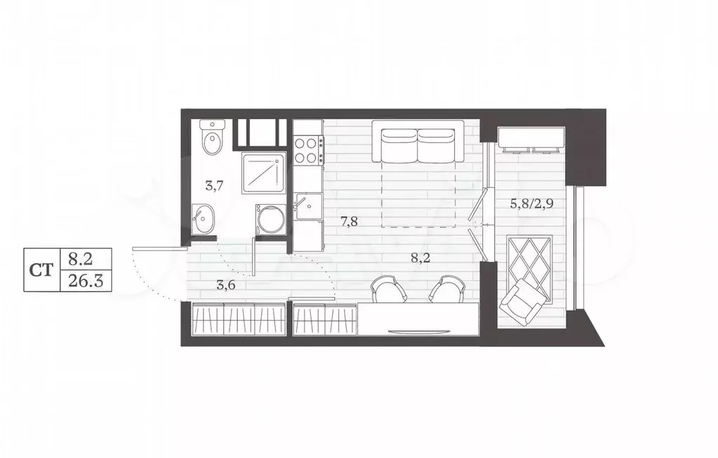 Квартира-студия, 26,3 м, 5/8 эт. - Фото 0
