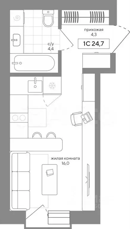 1-к. квартира, 24,7 м, 3/4 эт. - Фото 0