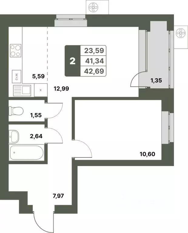 2-к кв. Башкортостан, Уфимский район, с. Миловка  (42.69 м) - Фото 1