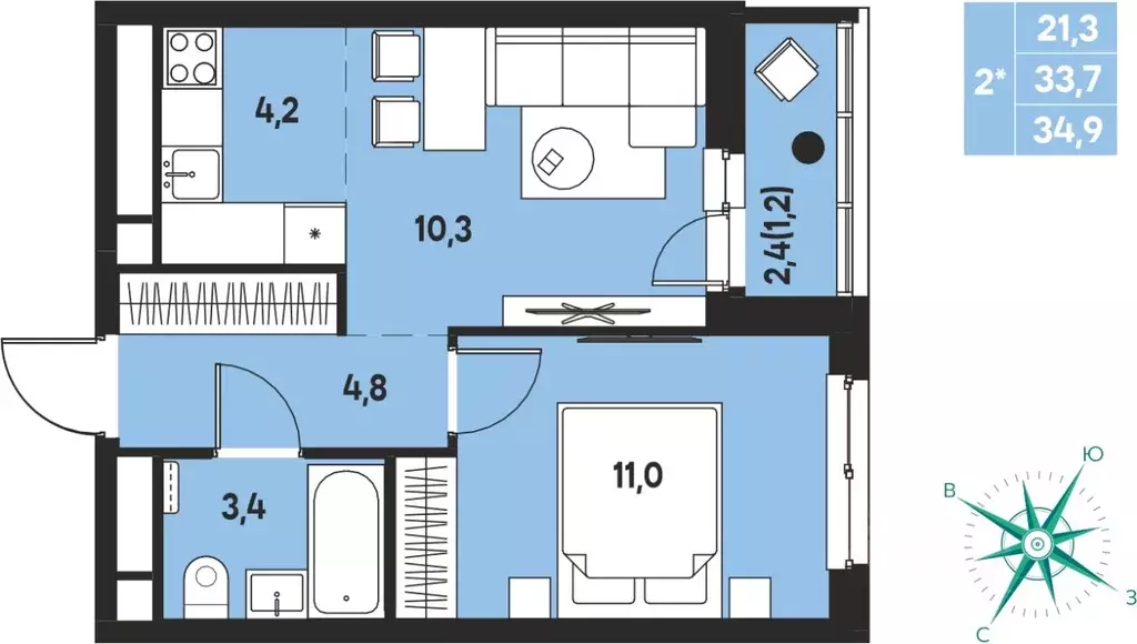 Студия Пермский край, д. Кондратово Мы жилой комплекс (34.9 м) - Фото 1