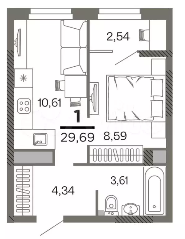 1-к. квартира, 29,7 м, 3/26 эт. - Фото 0