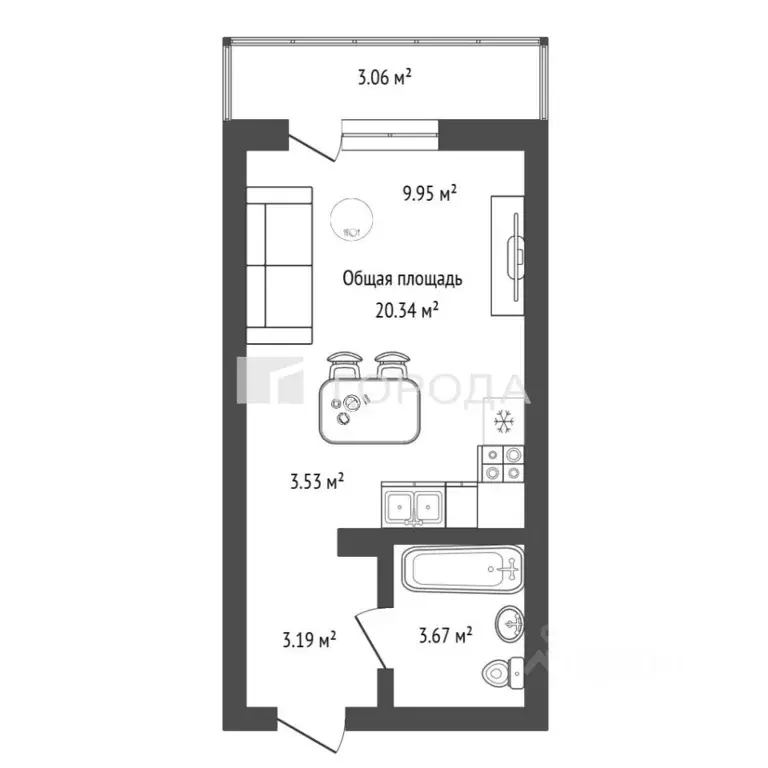 Студия Новосибирская область, Новосибирск ул. Забалуева, 69 (20.34 м) - Фото 1
