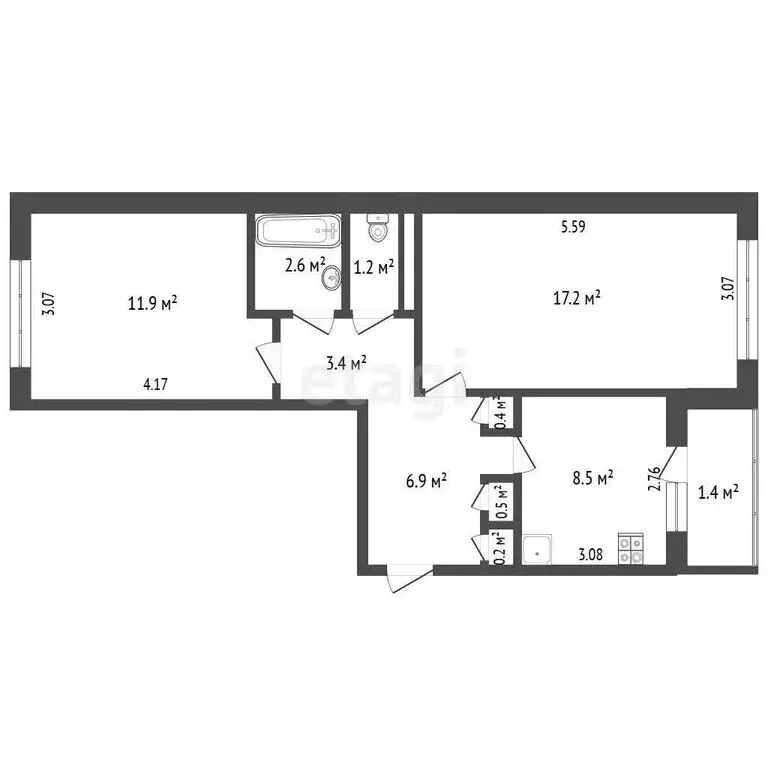 2-комнатная квартира: деревня Чемодурово, Центральная улица, 1 (53 м) - Фото 1