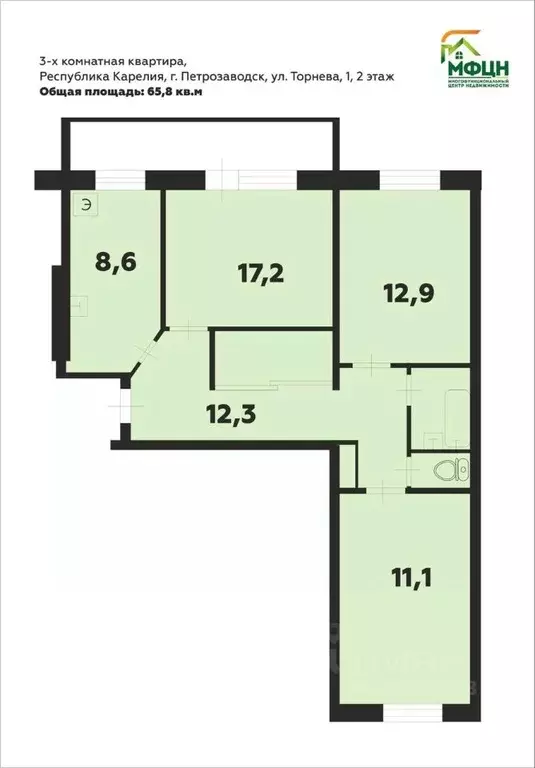 3-к кв. Карелия, Петрозаводск ул. Торнева, 1 (65.0 м) - Фото 1