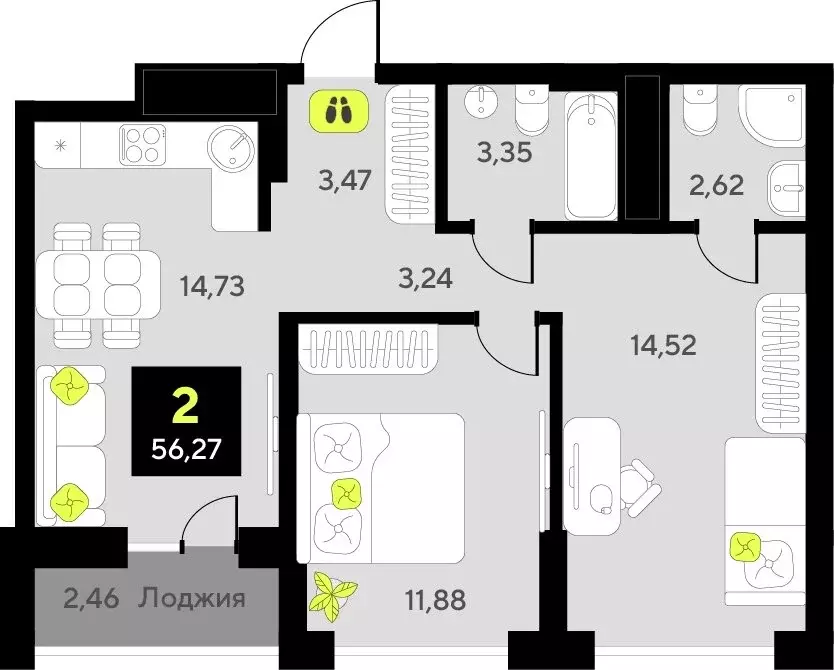 2-комнатная квартира: Тюмень, улица Пожарных и Спасателей, 8 (56.27 м) - Фото 0