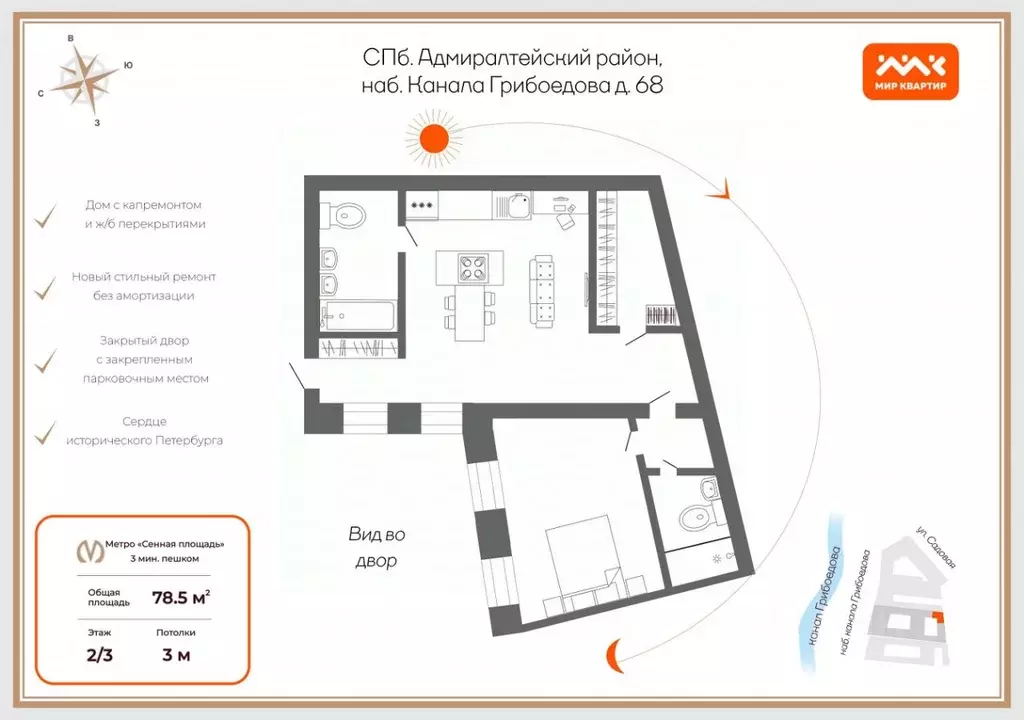 2-к кв. Санкт-Петербург наб. Канала Грибоедова, 68 (78.5 м) - Фото 1