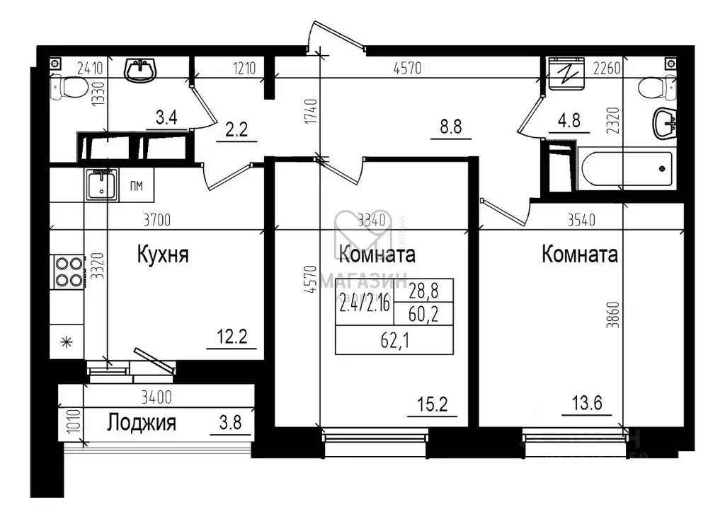 2-к кв. Санкт-Петербург пос. Парголово, дор. Ольгинская, 3/20 (60.2 м) - Фото 0