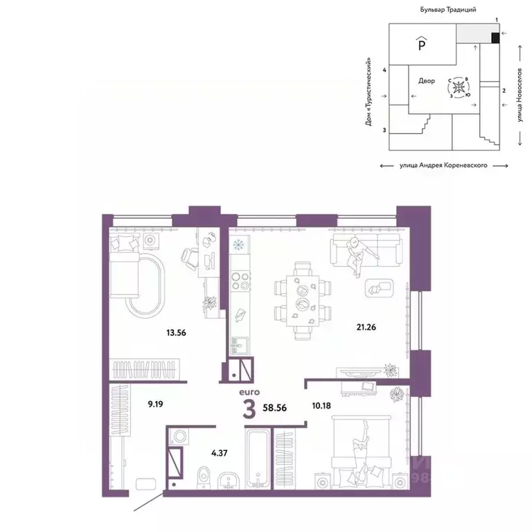 3-к кв. Тюменская область, Тюмень ул. Андрея Кореневского, 5 (58.56 м) - Фото 0