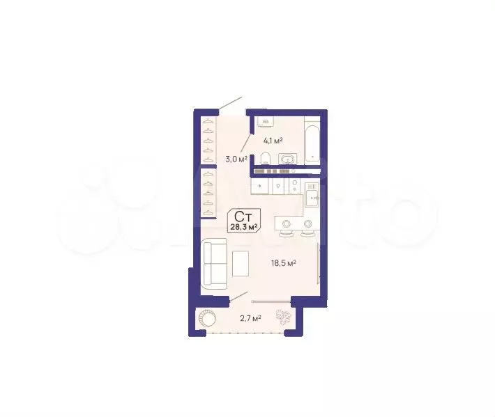 Квартира-студия, 28,3 м, 6/16 эт. - Фото 1
