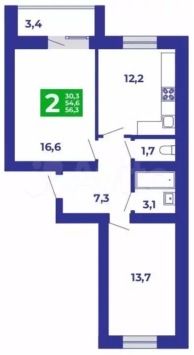 2-к. квартира, 56,3 м, 9/9 эт. - Фото 0