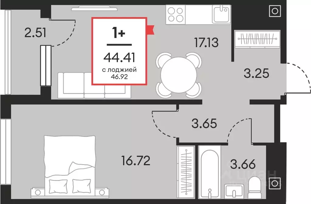 1-к кв. Ханты-Мансийский АО, Нефтеюганск ул. Нефтяников, 48А (44.41 м) - Фото 1