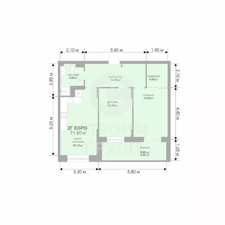 2-к квартира, 71.3 м - Фото 1