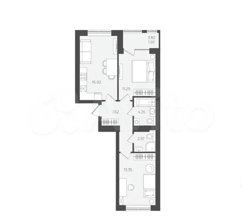 2-к. квартира, 58,3 м, 1/5 эт. - Фото 1