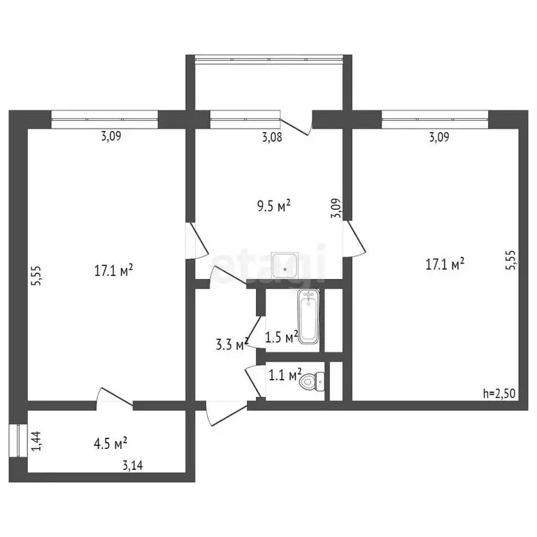 2-комнатная квартира: Киселёвск, улица Гагарина, 28 (54.1 м) - Фото 0