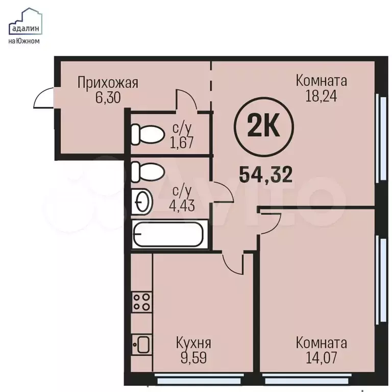 2-к. квартира, 54,3 м, 23/24 эт. - Фото 0