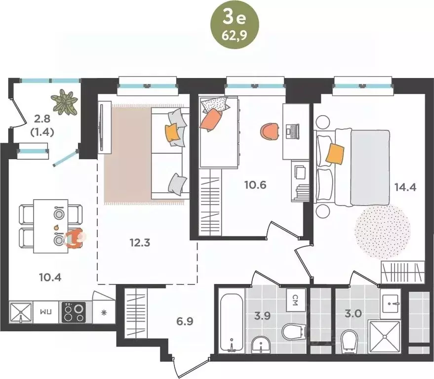 3-к кв. Пермский край, Пермь ул. Куфонина, 1 (62.9 м) - Фото 1