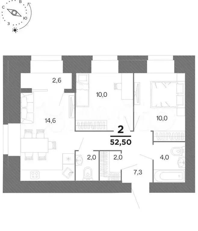 2-к. квартира, 52,5 м, 2/16 эт. - Фото 0