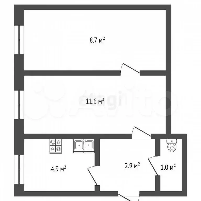2-к. квартира, 29,1 м, 2/2 эт. - Фото 0