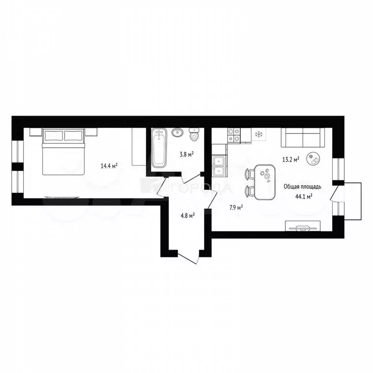1-к. квартира, 44,1 м, 2/4 эт. - Фото 1