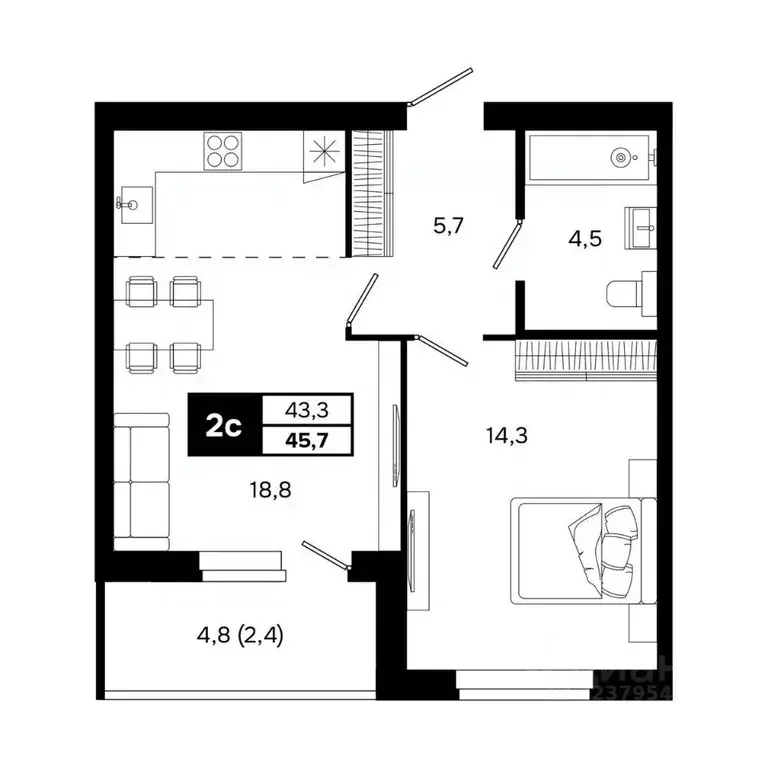 2-к кв. Новосибирская область, Кольцово рп, 5-й мкр  (45.7 м) - Фото 2
