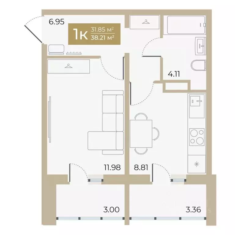 1-к кв. Тюменская область, Тюмень  (31.85 м) - Фото 0