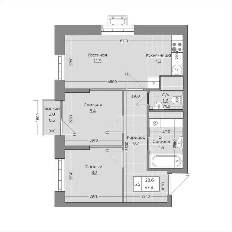 3-комнатная квартира: село Усады, улица Тёплых Встреч, 11 (46.85 м) - Фото 1