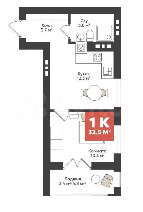 1-к. квартира, 32,5 м, 6/7 эт. - Фото 1