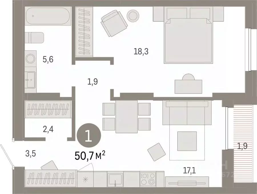 1-к кв. Тюменская область, Тюмень ул. Республики, 203к1 (50.68 м) - Фото 0