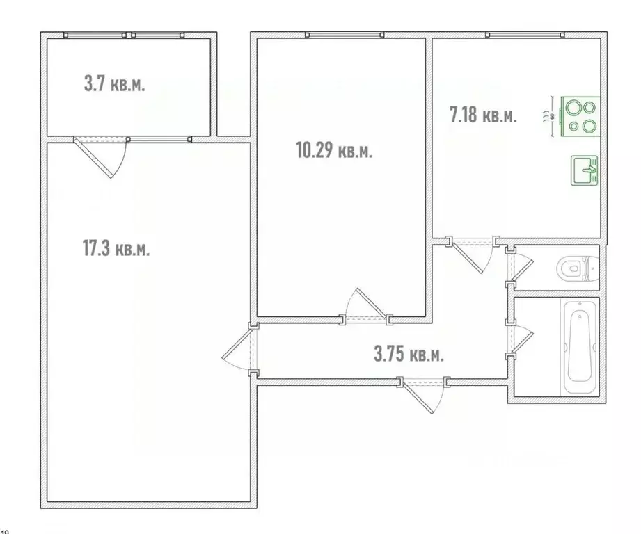 2-к кв. Омская область, Омск ул. Калинина, 13 (43.9 м) - Фото 2